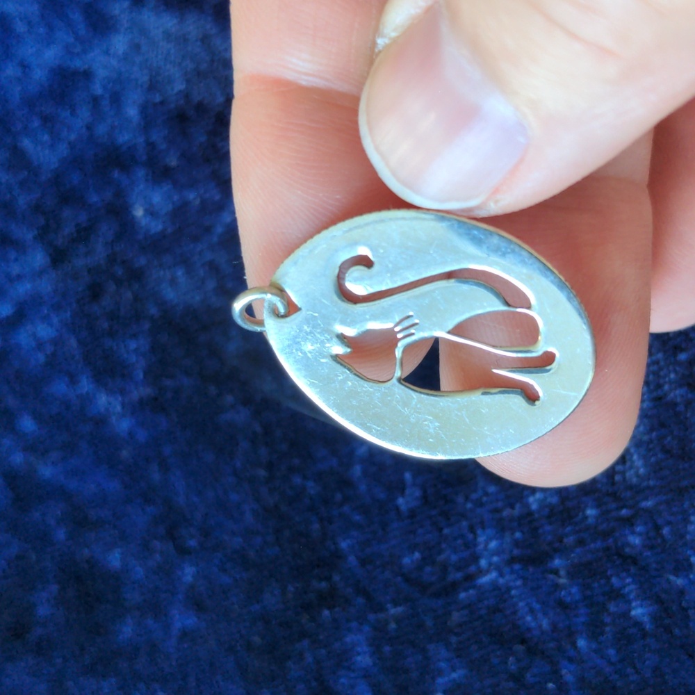 Oval silver tone pendant with intricately carved cat - Picture 2 of 4